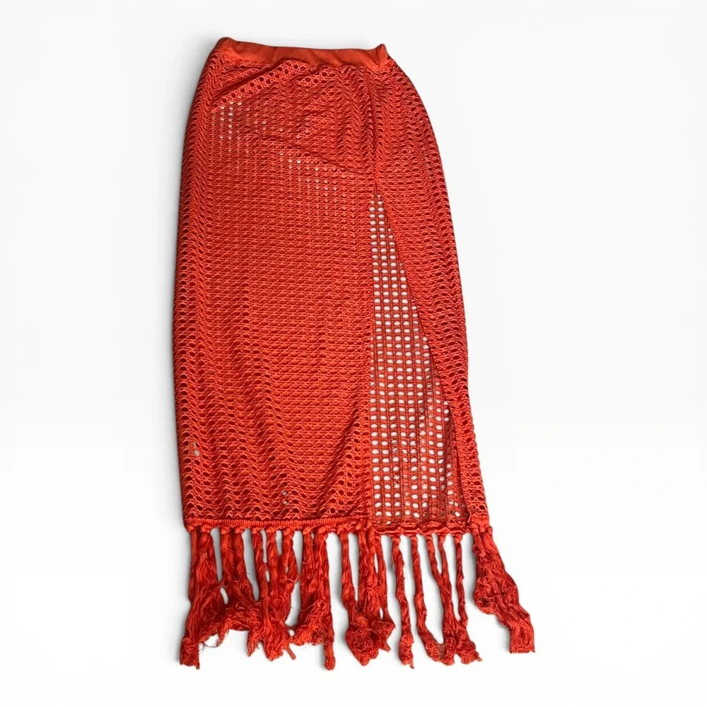 Orange Crochet Maxi Skirt Fringe Side Slit Boho Beach Cover Up S Cane Weave